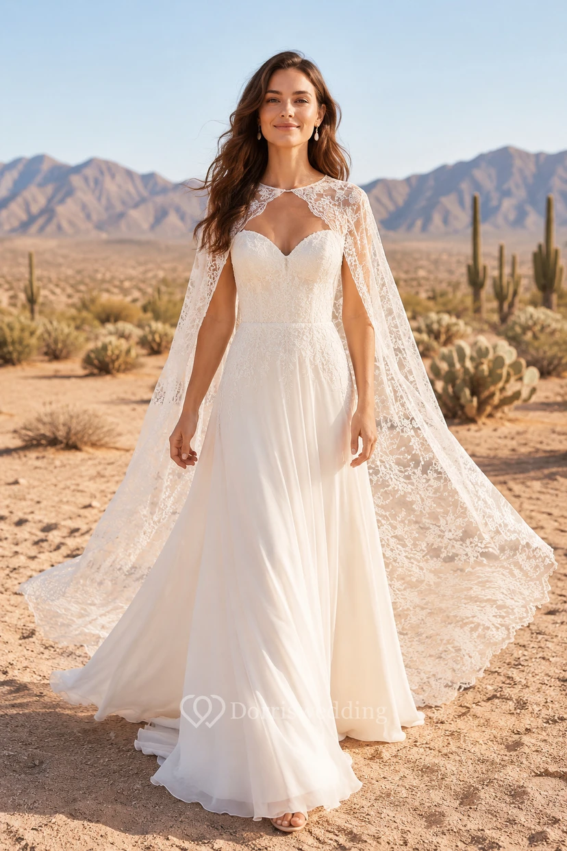Boho Lace Cape A-Line Wedding Dress