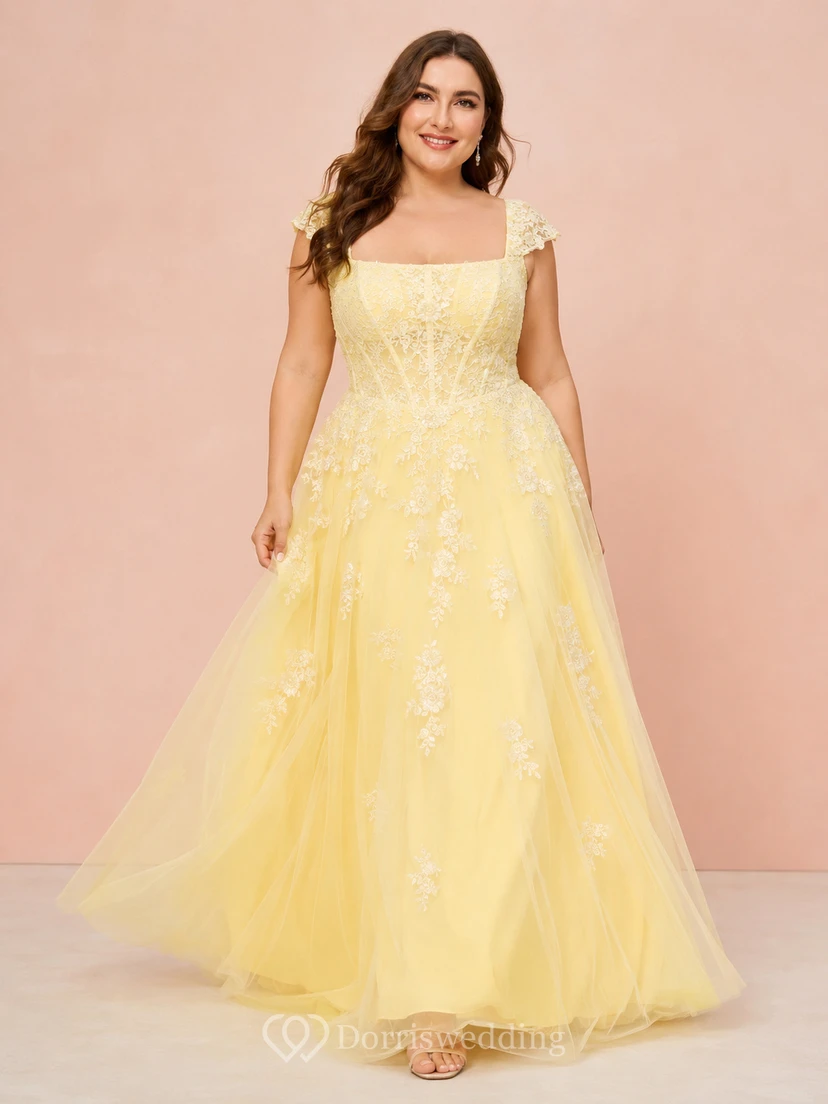 Yellow Plus Size Square Neck Lace Studio Bridal Gown