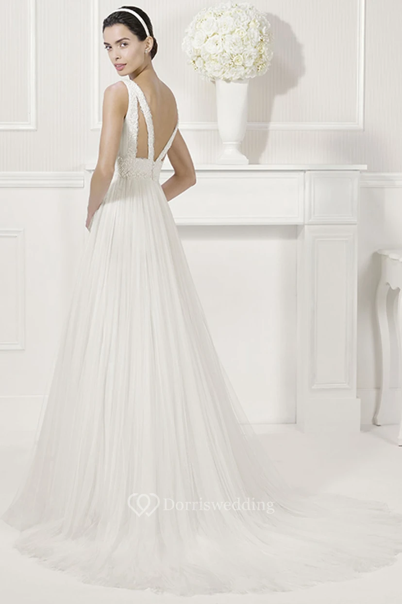 V Neck V Back Emprie Pleated A-Line Tulle Bridal Gown With Jewels view 2