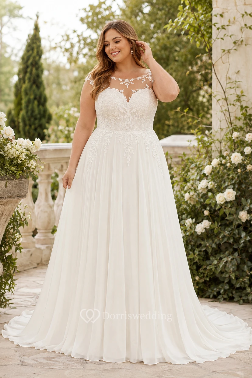 Plus Size High Neck Cap Sleeve Lace A-Line Wedding Dress with V-Back