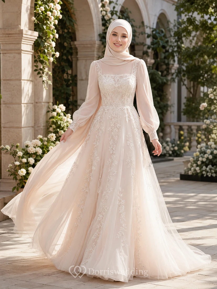 Blushing Pink Muslim High Neck Tulle Ball Gown Wedding Dress