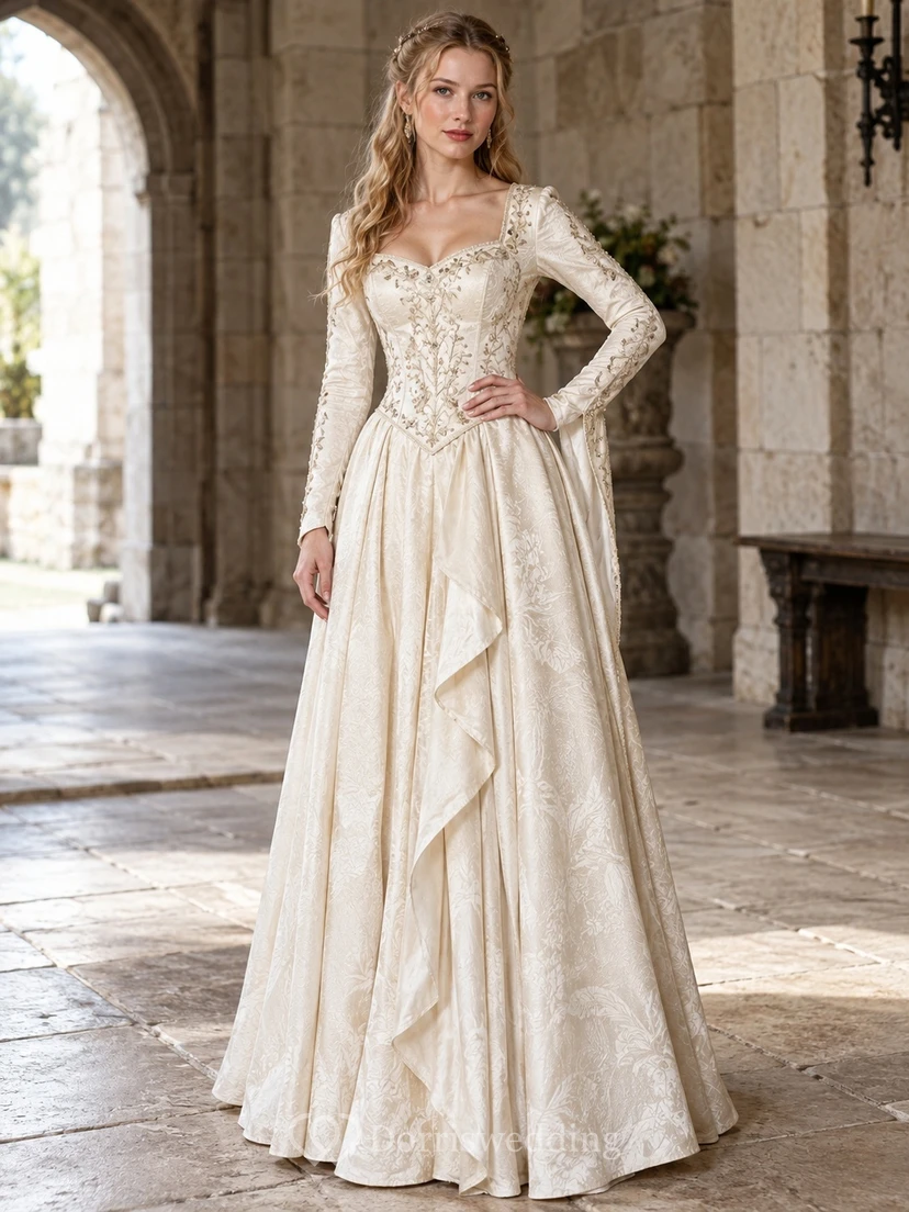 Robe de mariée Renaissance à manches longues et bustier cœur en brocart avec corset