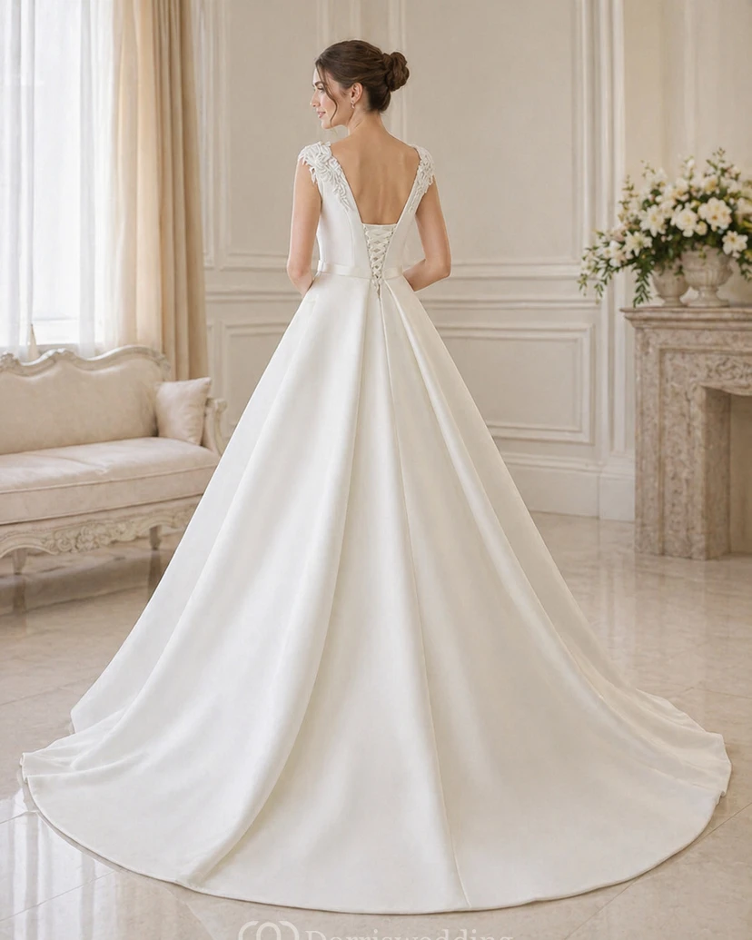 Elegantes, einfarbiges Ballkleid aus Satin im Prinzessinnenstil mit Perlenbesatz an Schulterklappen, Korsettrücken und Schleppe view 2