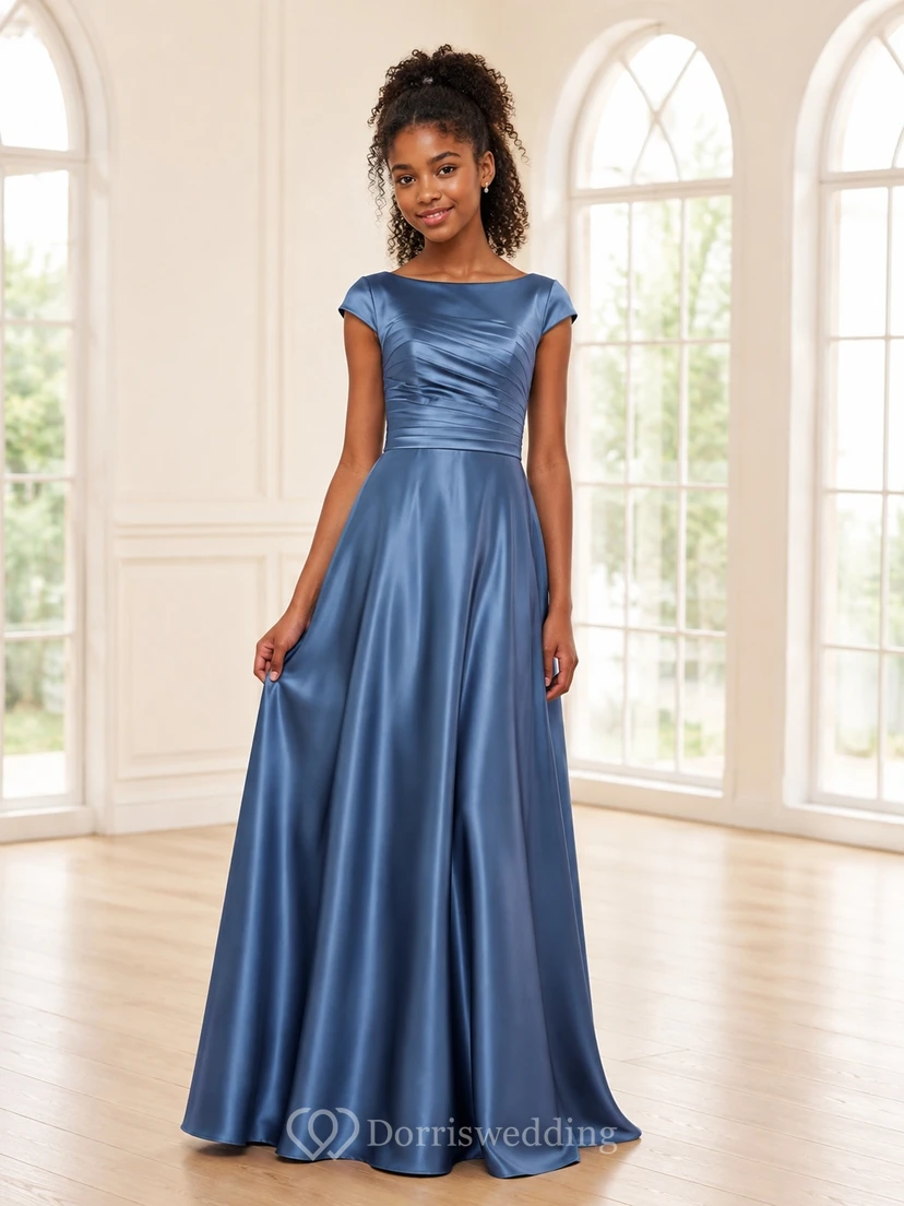 Vestido de dama de honor juvenil azul rey, corte A, escote barco, sin mangas, charmeuse elegante
