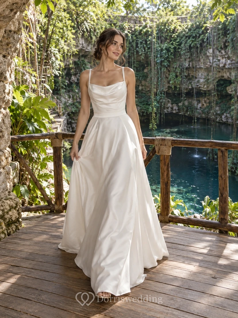 Schlichtes Brautkleid aus Satin mit Wasserfallausschnitt, feinen Trägern und fließendem A-Linien-Rock