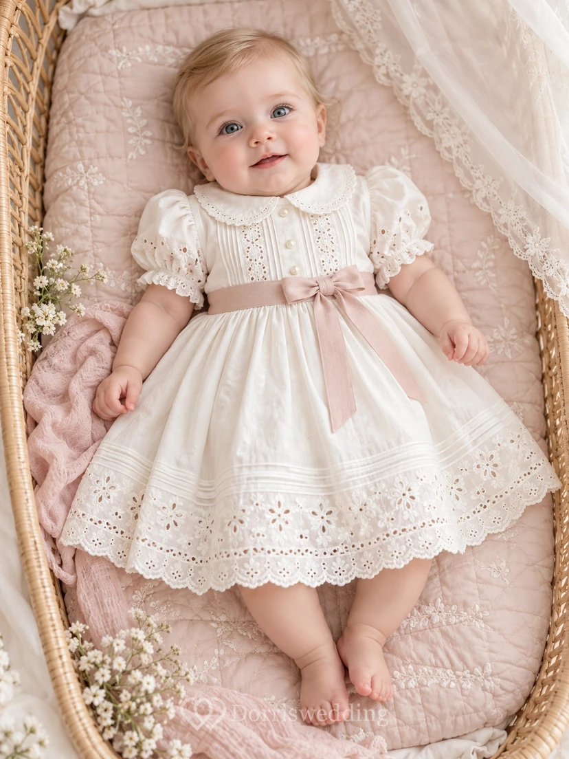Ivory Rounded Collar Eyelet Puff Sleeve Pink Bow Baptism Dress