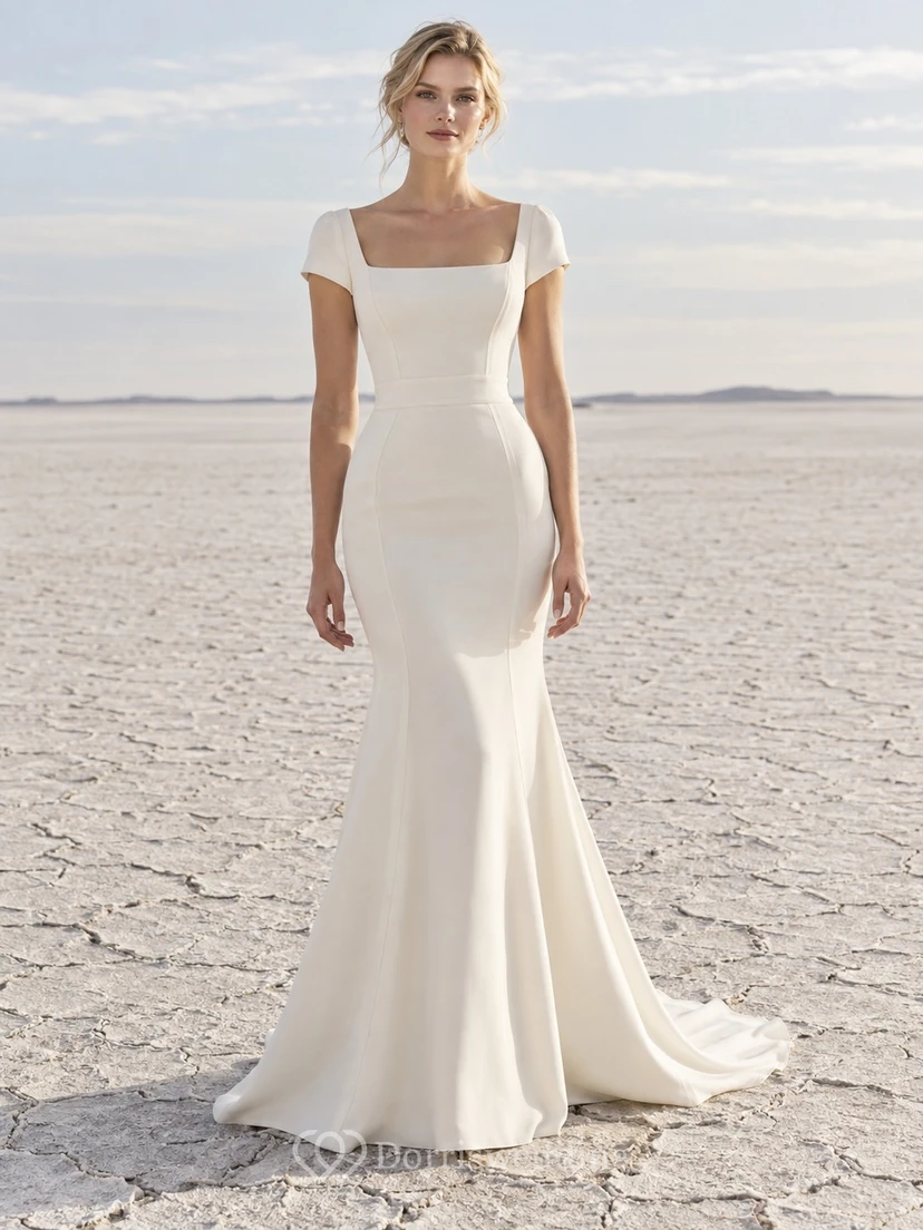 Vestido de novia sencillo de corte sirena con escote cuadrado, mangas cortas y corpiño liso de satén.