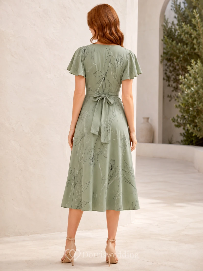 Vestido midi cruzado con escote en V y mangas con volantes de Sage Line Art view 2