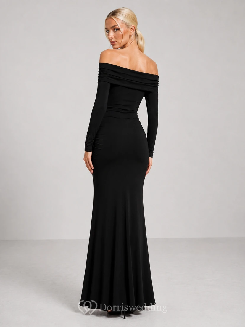 Black Off Shoulder Long Sleeve Side Slit Floor Length Mermaid Dress view 2