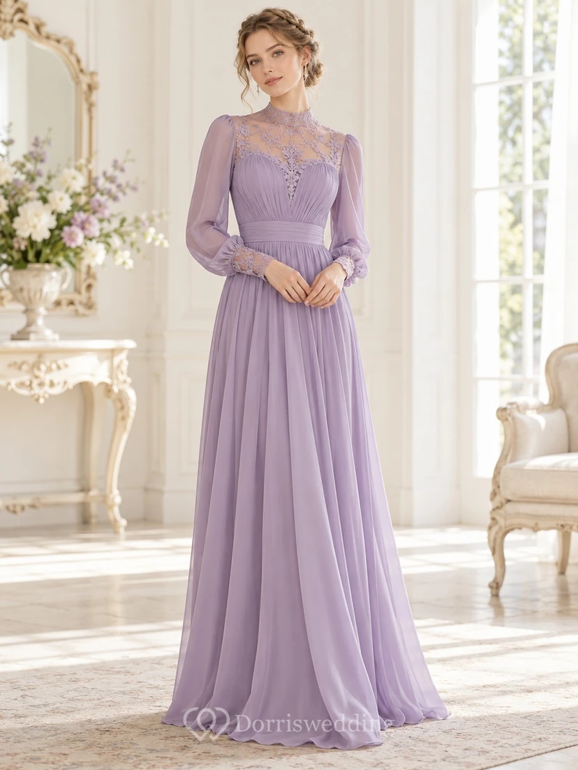 Vestido de dama de honor vintage de gasa con encaje lavanda, cuello alto y manga larga