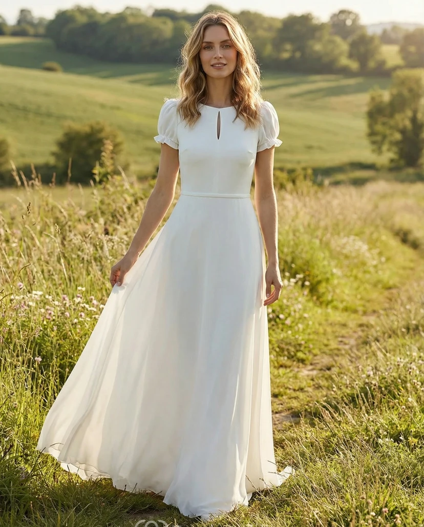 Robe de mariée trapèze à manches bouffantes simples et décolleté en V plongeant
