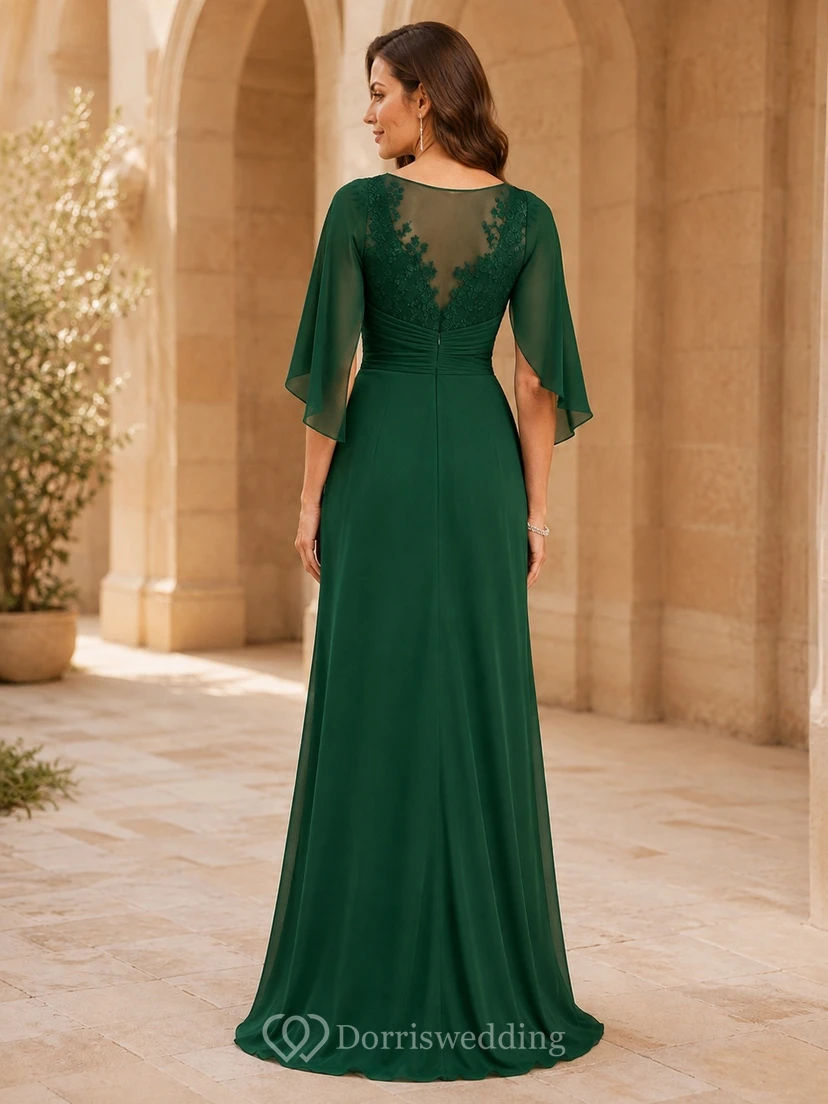 Modest Dark Green Illusion Lace Cape Sleeve Sheath Floor-Length Split Mother Gown view 2