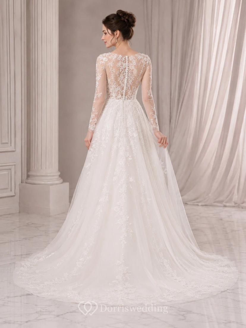 Langärmeliges A-Linien-Hochzeitskleid aus Spitze mit V-Ausschnitt und Spitze, aus dem Studio view 2