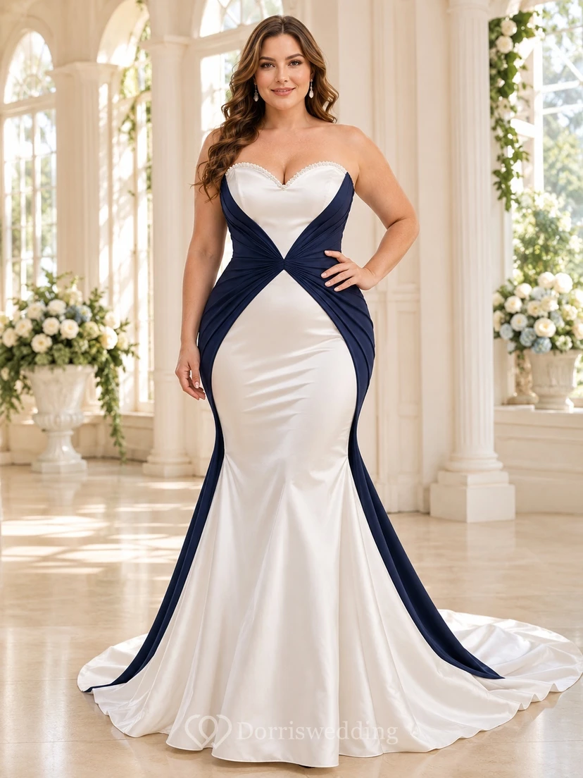 Marineblaues, farblich abgesetztes Meerjungfrauen-Brautkleid mit herzförmigem Ausschnitt, ärmellos, aus Stretch-Satin, modern