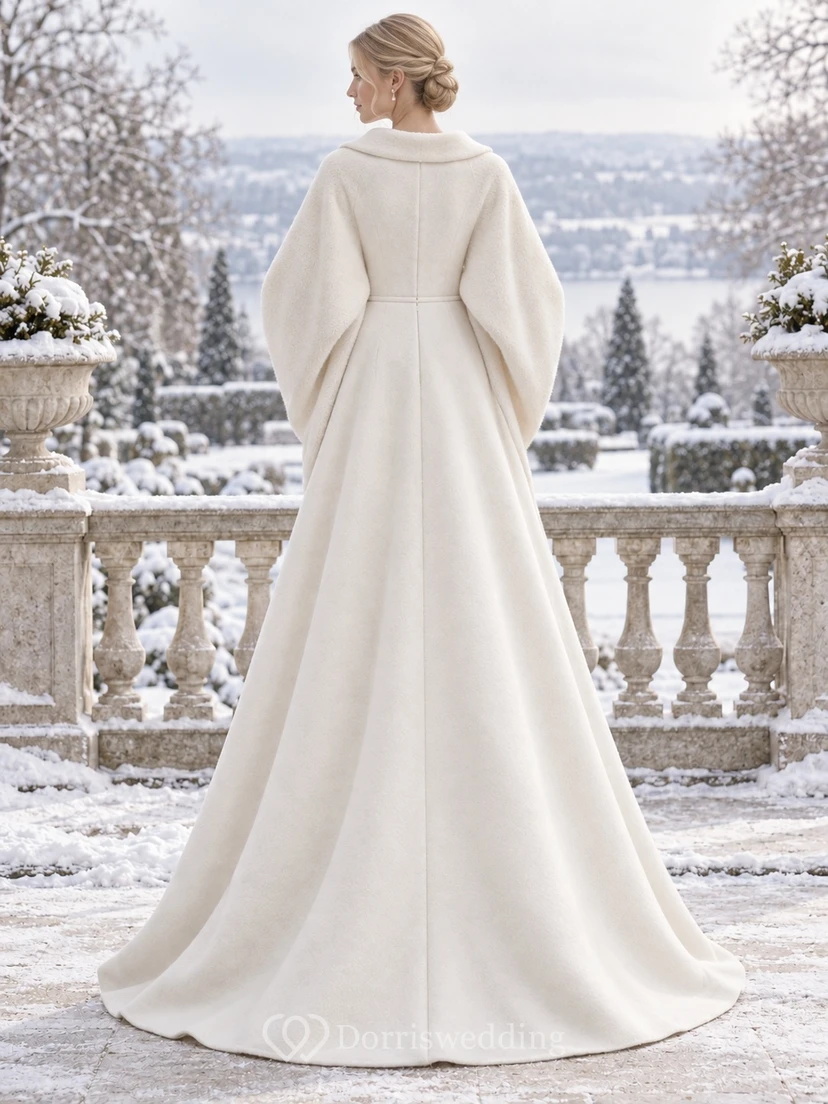 Simple Bateau A-line Winter Wedding Rounded Draped Cape Dress view 2