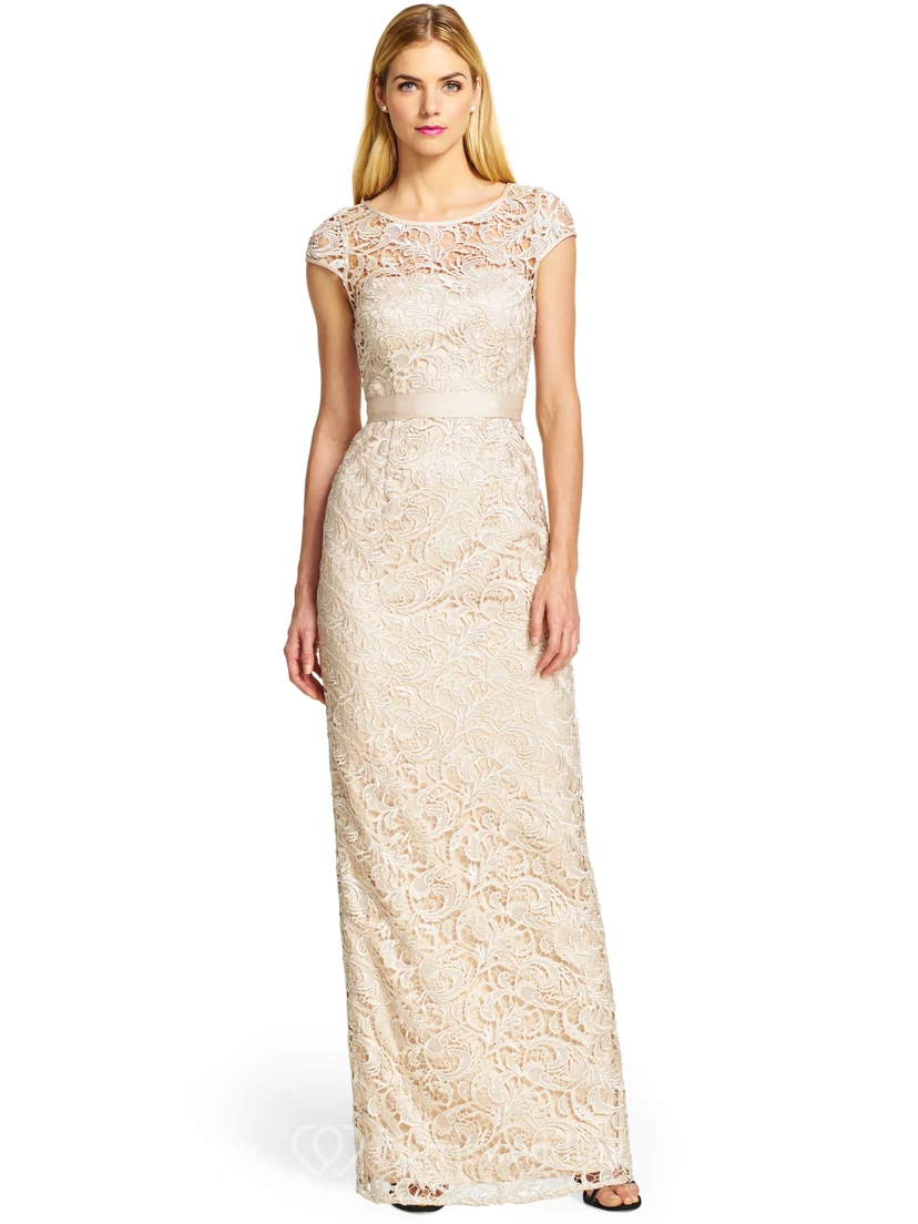 Etuikleid, bodenlang, mit Rundhalsausschnitt, kurzen Ärmeln und Schleife aus Spitze, Brautjungfernkleid