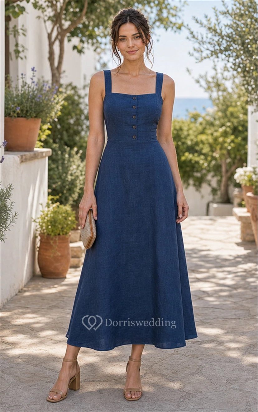 Ink Navy Casual A-Line Square Neck Tea-Length Guest Dress