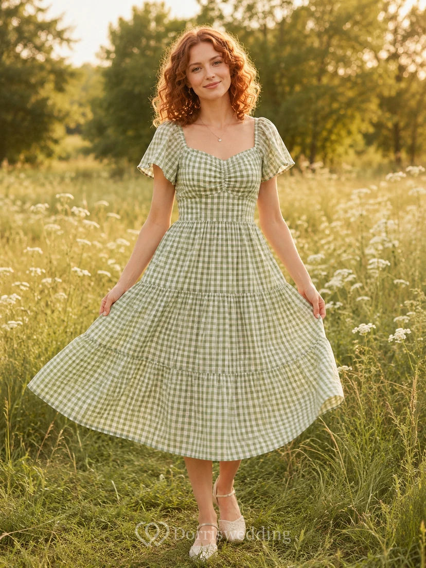 Sage Gingham Square Neck Puff Sleeve Tiered Picnic Dress