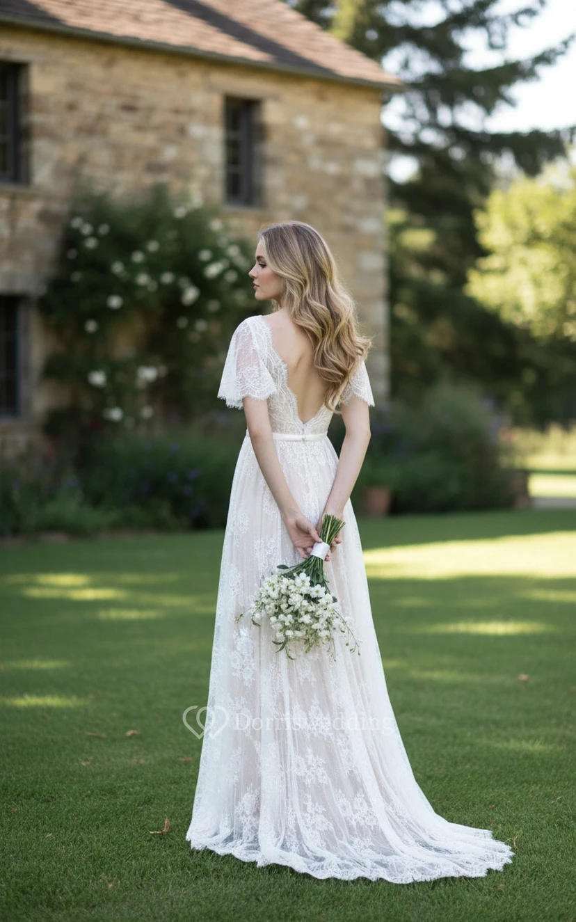 Vestido de novia bohemio rústico con encaje y curvas view 2