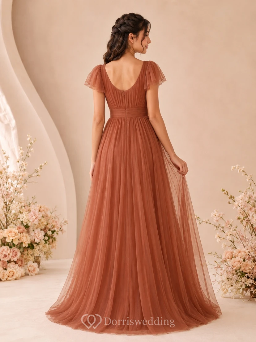 Vestido de dama de honor juvenil marrón, corte en A, escote redondo, manga corta, plisado, romántico. view 2