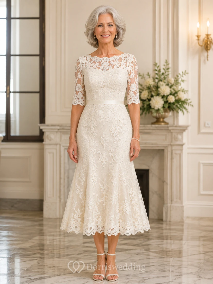 Tea Length Allover Lace Older Brides Wedding Dress with Long Sleeve Sleeves