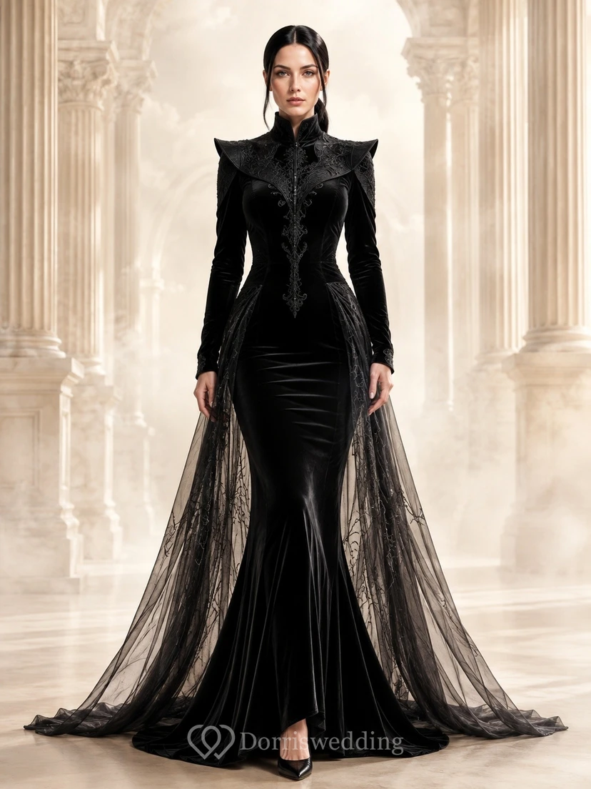 Black Velvet High-Neck Long-Sleeve Mermaid Sweep-Train Evening Gown
