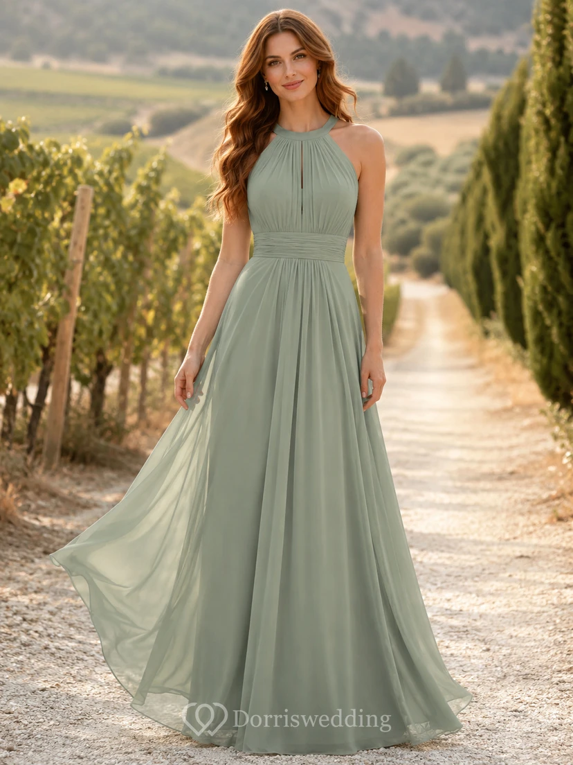 Sage Green Halter Neck Pleated Chiffon Floor Length A Line Wedding Guest Dress
