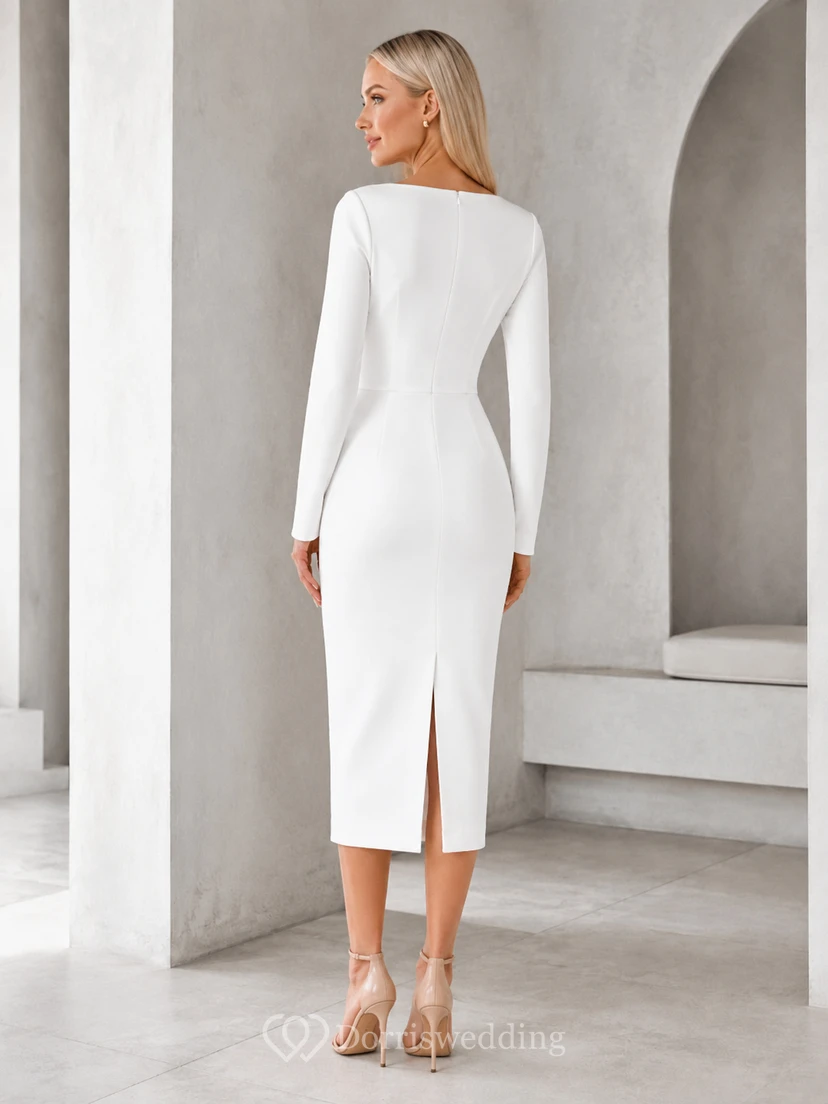 Modern White Tea-Length Square Neck Long Sleeve Sheath Dress Courthouse view 2