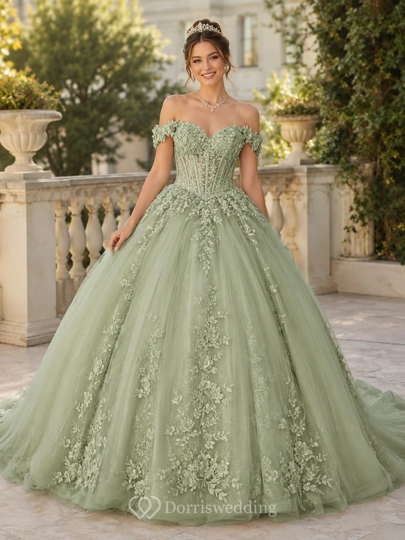 Salbeigrünes, schulterfreies, kurzärmeliges Tüll-Ballkleid, bodenlang, mit Blumenmuster, Quinceañera-Kleid