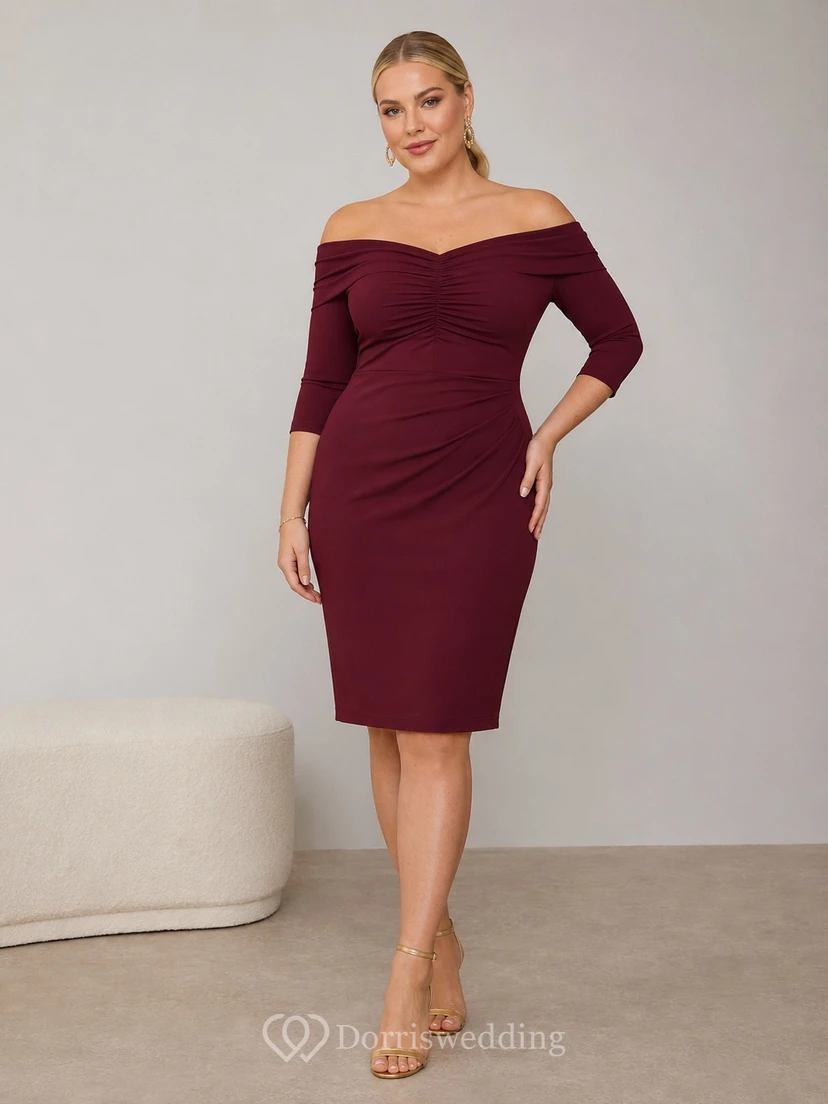 Robe de cocktail bordeaux grande taille, coupe crayon, jersey, épaules dénudées, manches 3/4, froncée, longueur genou