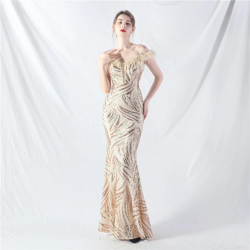 Robe de soirée haut de gamme à sequins, ornée d'un gilet à taille en arêtes de poisson et de plumes d'autruche. video preview