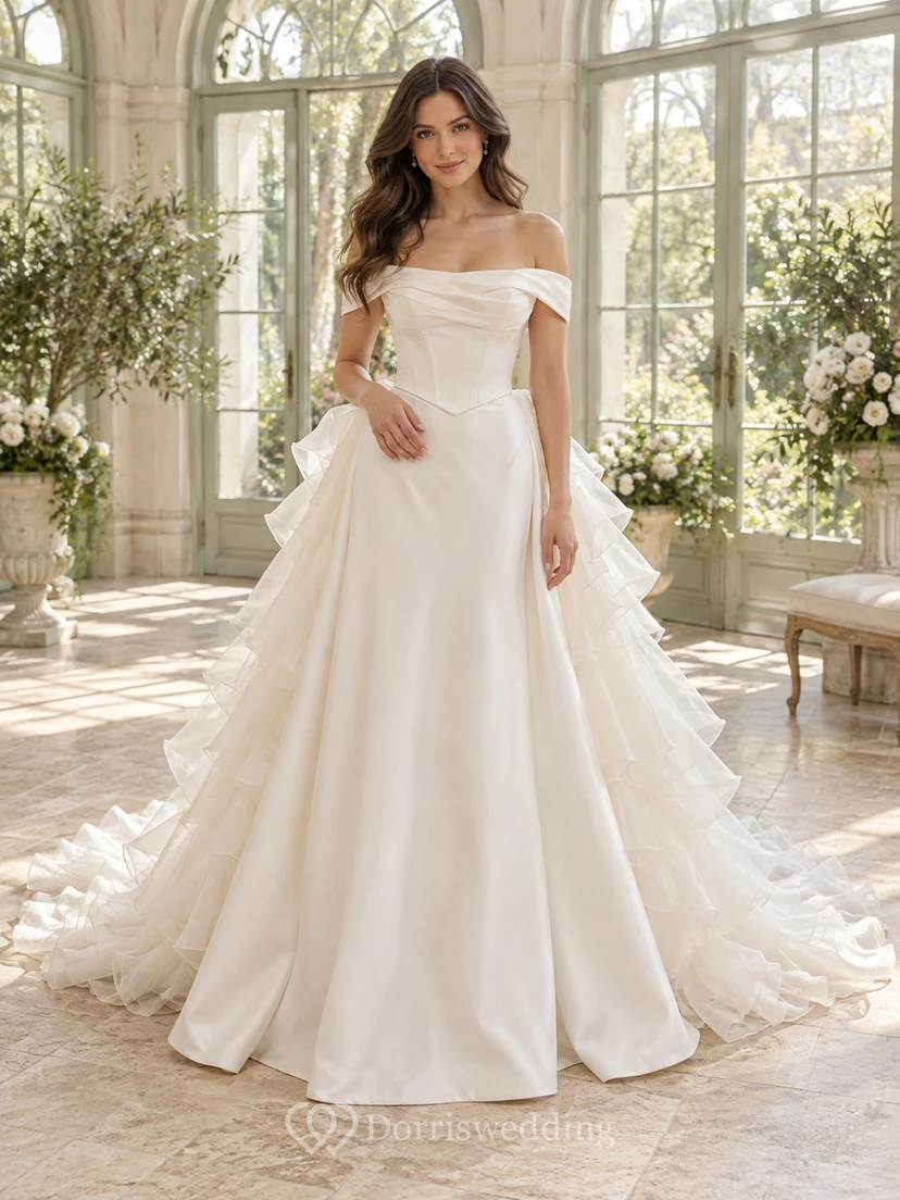 Schulterfreies Satin-Ballkleid mit kaskadenförmigen Organza-Rüschen