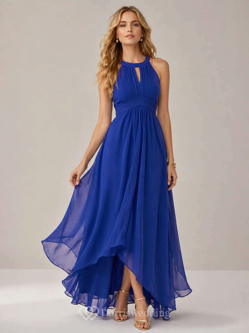 Elegant Burgundy Chiffon Halter Neck Evening Gown with Flowing High-Low Hem view 11