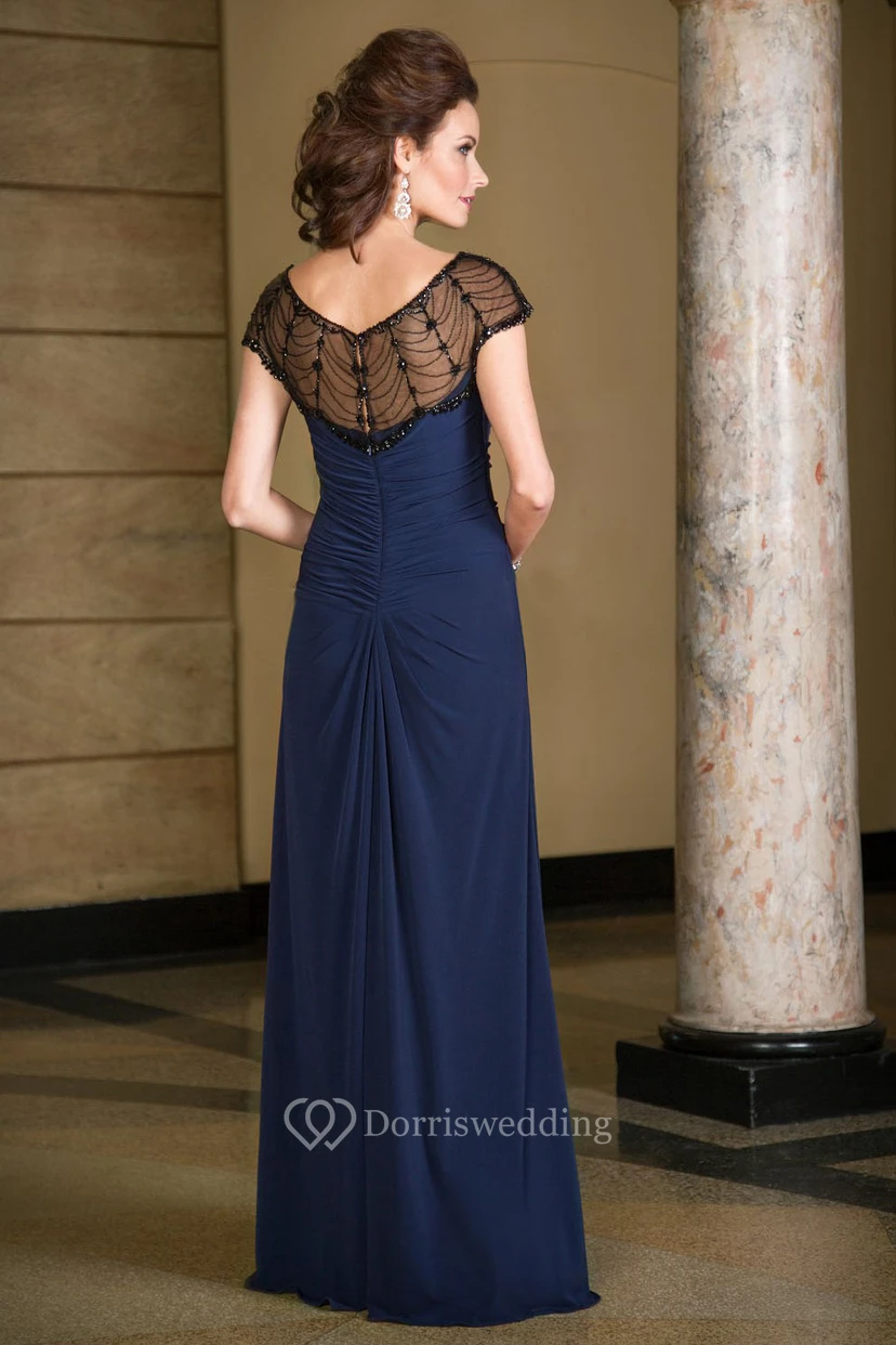 Cap-Sleeved Long Mother Of The Bride Dress With Illusion Beaded Neck view 2