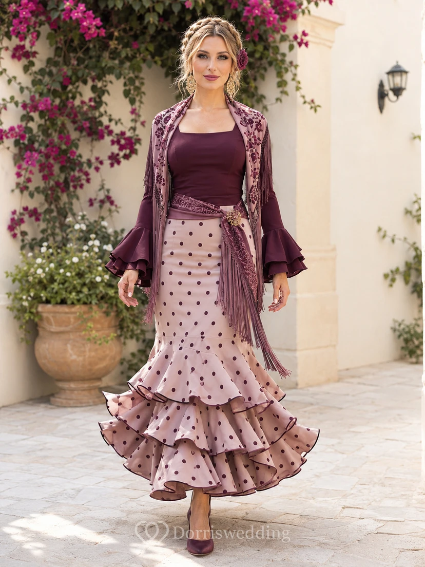 Vintage Pflaumenfarbenes, gepunktetes Rociero-Zweiteilerkleid mit asymmetrischen und tiefen Glockenärmeln