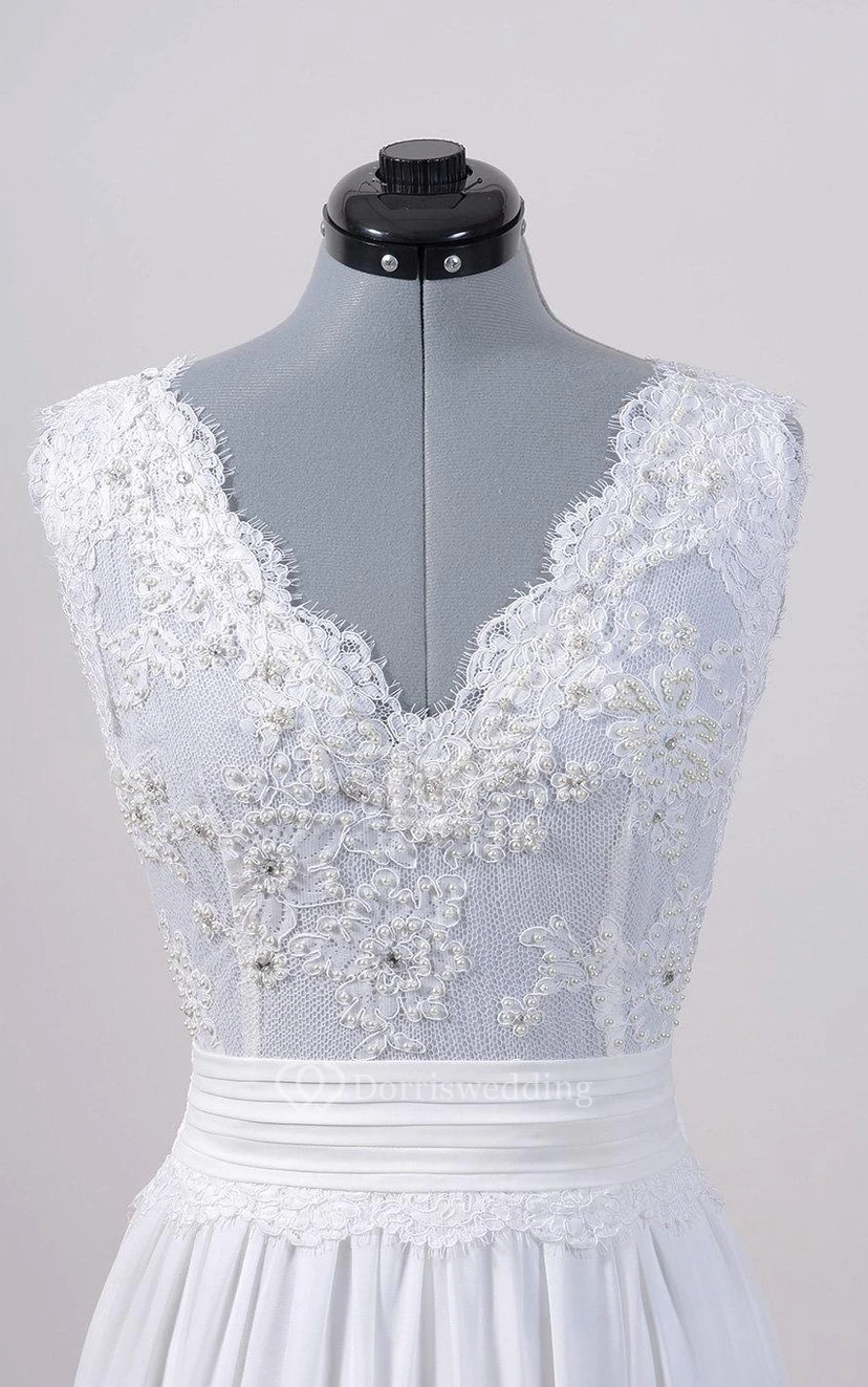 A-Line Sleeveless V-Neck Chiffon Dress With Lace Bodice and Cinched Waistband view 2