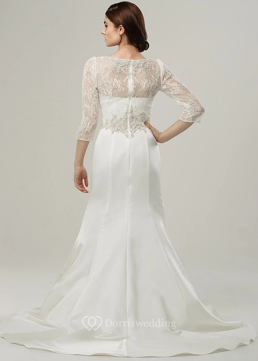 Maxi Scoop Appliqued 3-4-Sleeve Satin Wedding Dress With Sweep Train And Illusion view 2