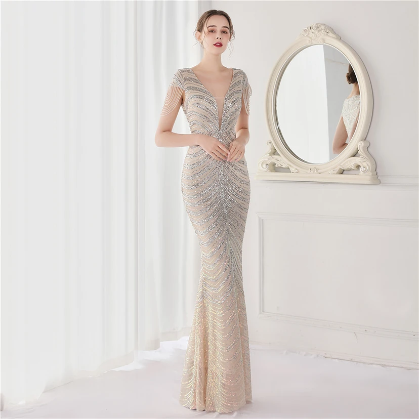 Paillettenbesetztes, handwerklich perfekt gefertigtes, perlenbesetztes Party-Abendkleid – sexy langes Kleid für die Braut view 4