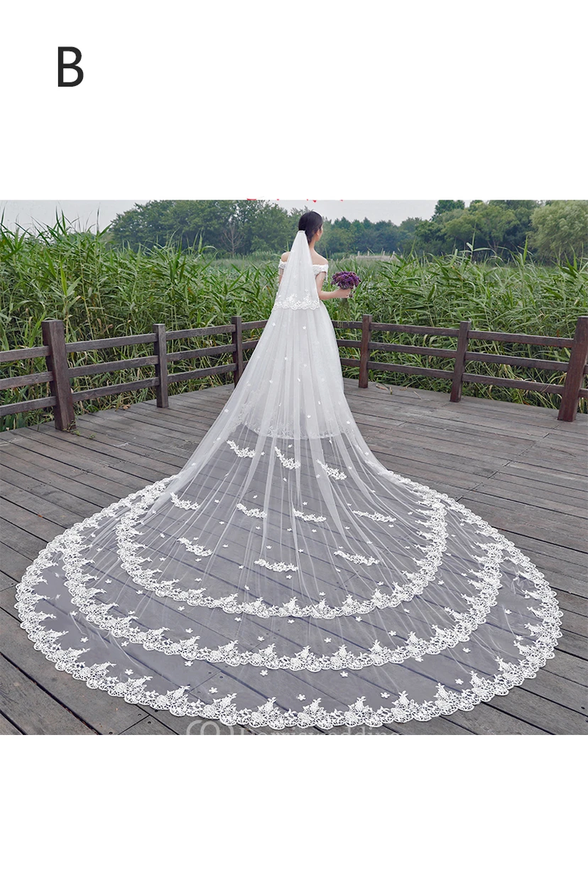 New Korean Ethereal Extra Long Tailed Wedding Veil with Lace Appliques view 2