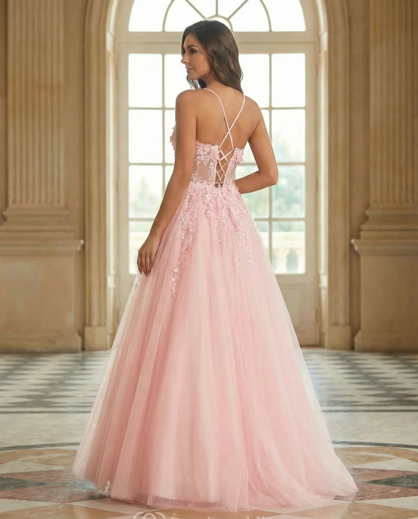 Vestido de fiesta de gala de tul rosa empolvado con corpiño de apliques de encaje view 2