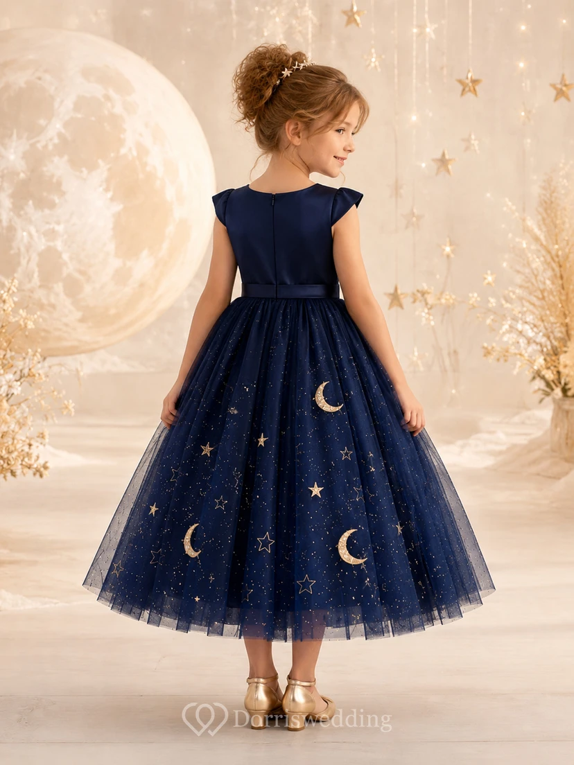 Flower Girl Dress A-Line Navy Moon Star Tulle Cap Sleeve Formal Party view 2