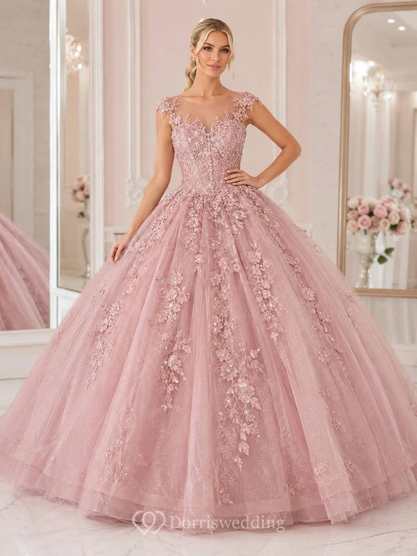 Vintage Mauve V-Neck Cap Sleeve Floral Tulle Ball Gown