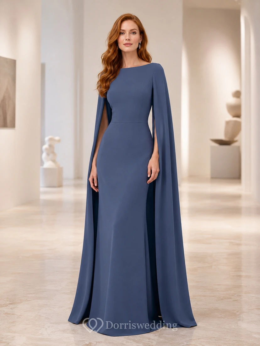 Robe de soirée cape en crêpe bleu acier à manches longues