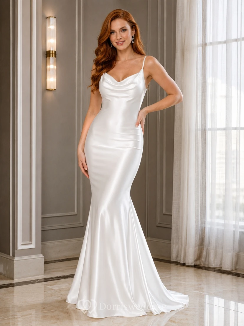White Cowl Satin Mermaid Floor-Length Sweep Train Sleeveless Sexy Evening Gown