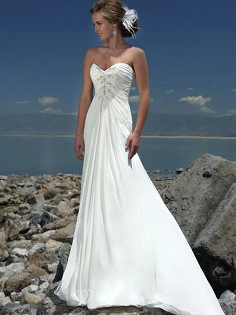 A-Line Sweetheart Ruffles Beading Chiffon Court Train Wedding Dress