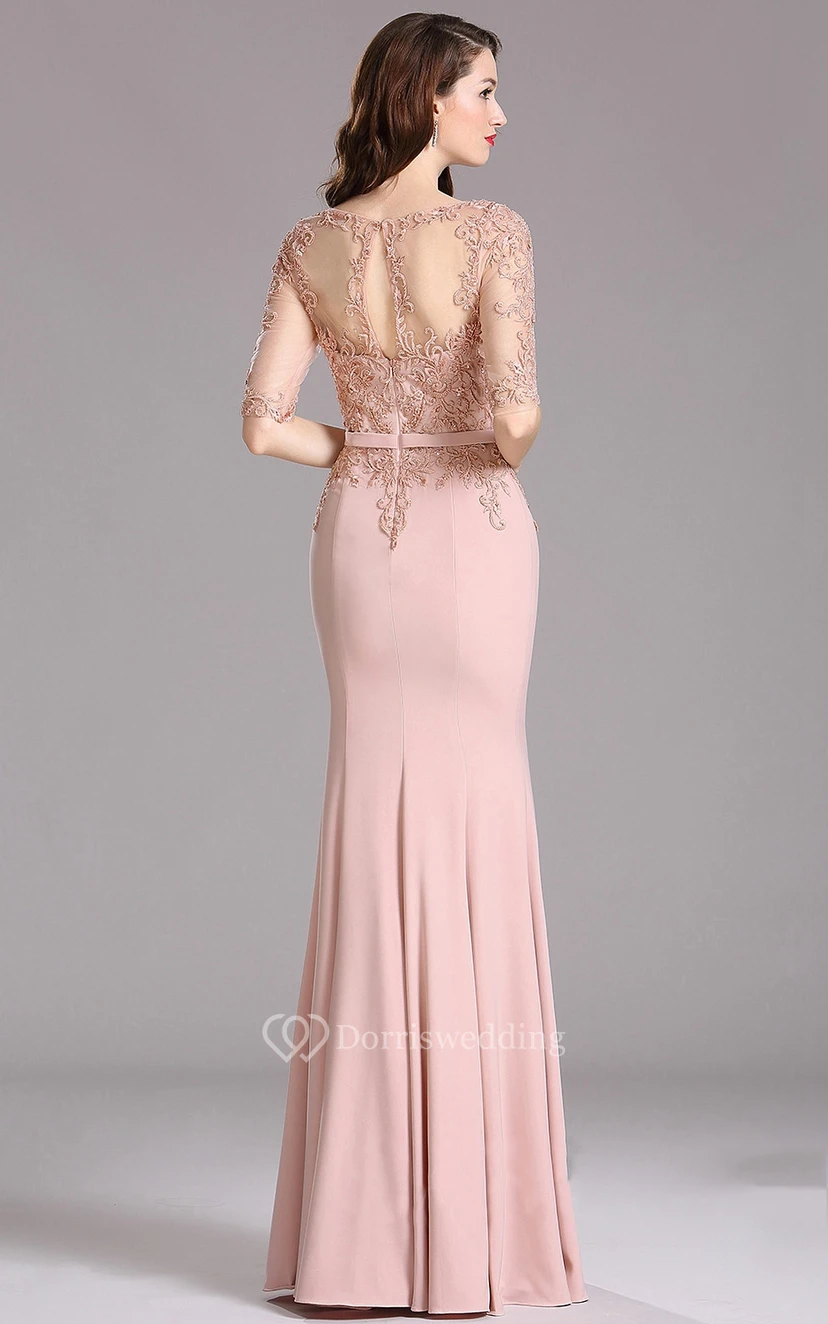 Sheath Bateau Half Sleeve Jersey Appliques Illusion Dress view 2
