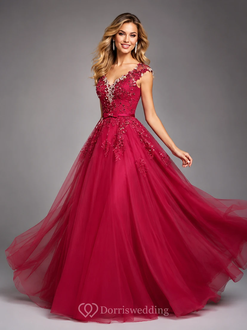 Ball Gown Floor-Length V-Neck Bell Cap Beading Flower Corset Back Tulle Lace Sequins Dress view 3