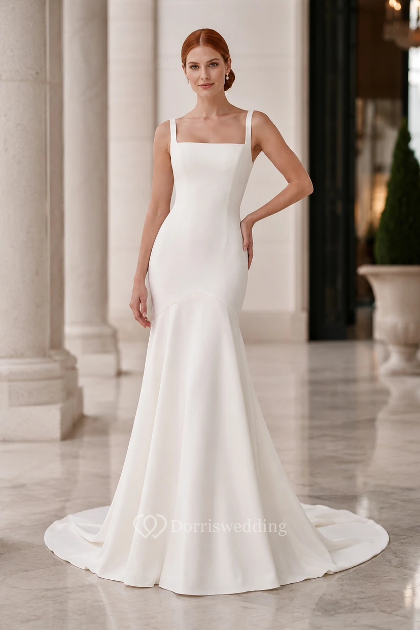 Brautkleid im Meerjungfrauenstil aus Satin mit eckigem Ausschnitt und schlichter Schleppe