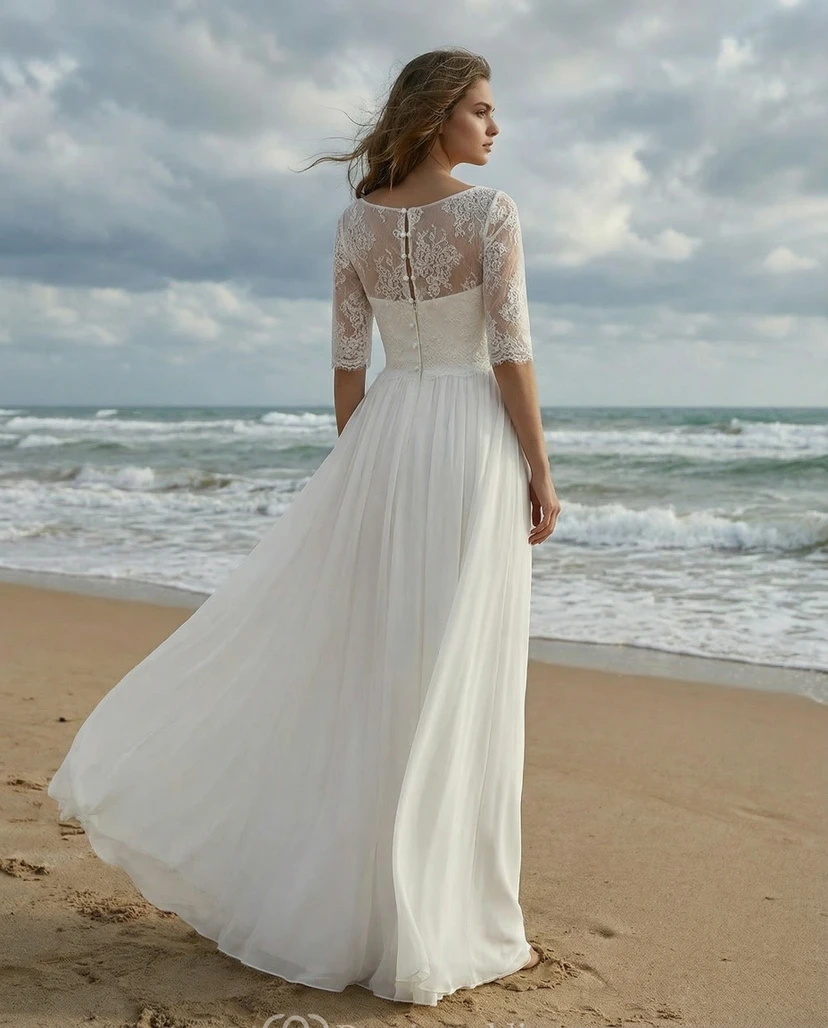 Strandhochzeitskleid aus Spitze, 3/4-Ärmel, Chiffon, A-Linie view 2