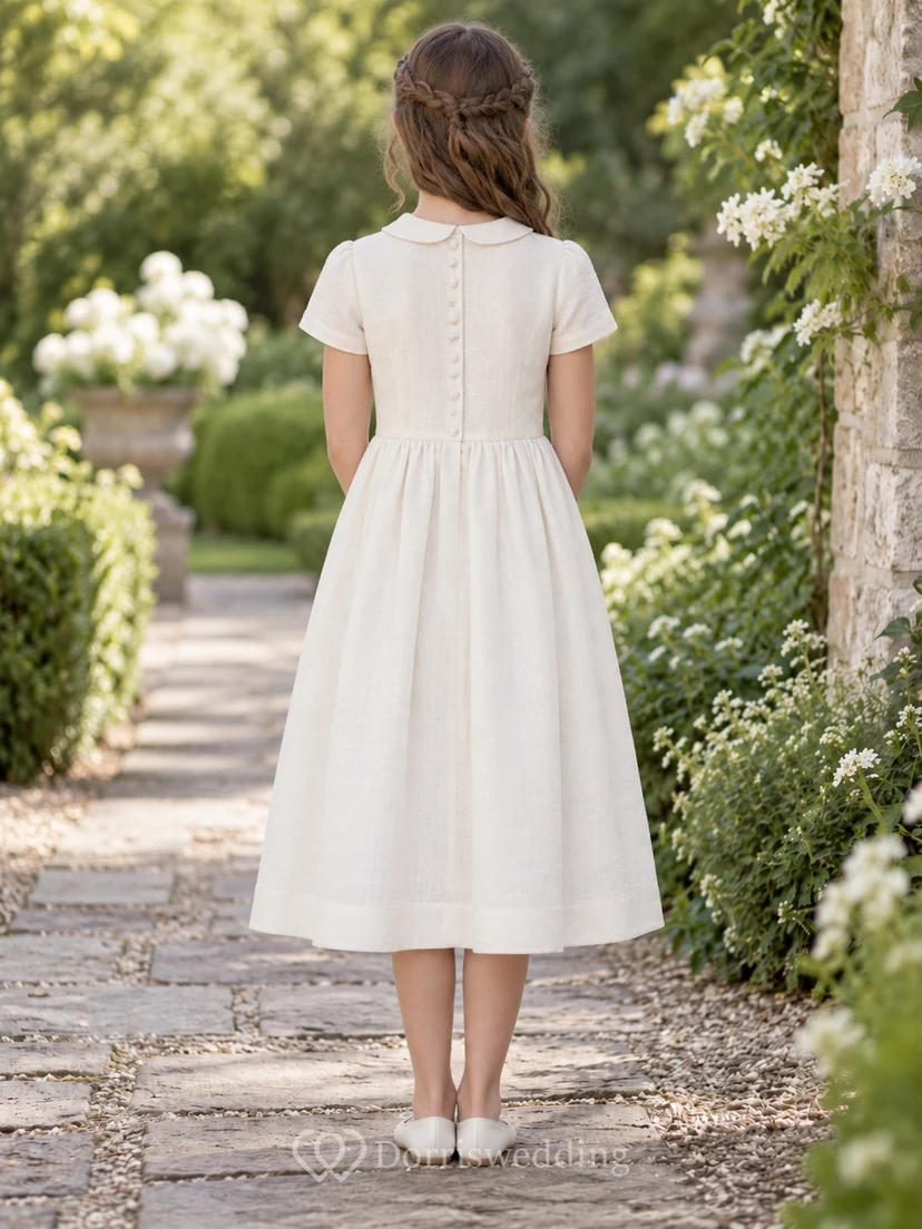 Modest Ivory Tea-length Wide Rounded Collar Short Sleeve Fine Pintucked Flower Girl Dress